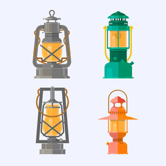 Different oil lamp collection. Retro gas lamps with glowing fire wick.Vintage camping lantern isolated on white background.