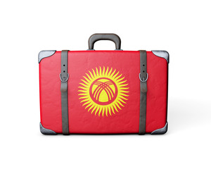 Kyrgystan flag on a vintage leather suitcase. 3D Rendering