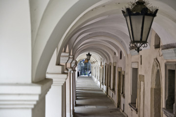 Zamosc - Renaissance city in Central Europe. Arcades in old town city centre.