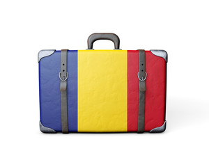 Romania flag on a vintage leather suitcase. 3D Rendering
