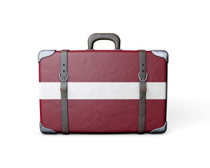 Latvia flag on a vintage leather suitcase. 3D Rendering