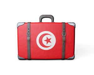 Tunisia flag on a vintage leather suitcase. 3D Rendering