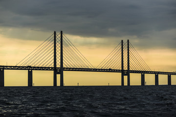 The bridge connecting Copenhagen and Malmo at sunset.