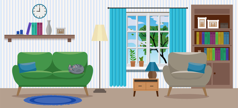 Cozy elegant light interior of living room with an armchair, a sofa, green tree in the window, various decorations and cat sleeping. Flat style, design template