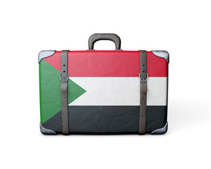 Sudan flag on a vintage leather suitcase. 3D Rendering