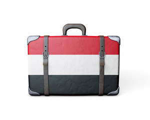 Yemen flag on a vintage leather suitcase. 3D Rendering