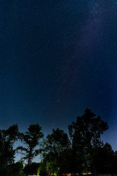Starry night over the trees near by the city of Kiev in Ukraine. The Milky Way appears in the sky. Cars passes on the road