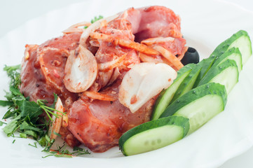 Raw pork beef meat on the white plate