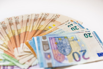 Euro cash. Many Euro banknotes of different values. Euro cash background.