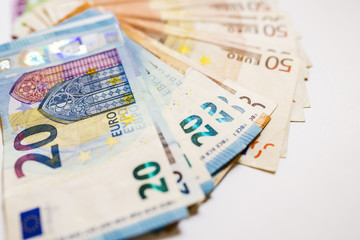 Euro cash. Many Euro banknotes of different values. Euro cash background.
