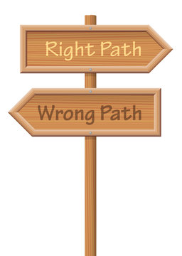 Guidepost showing the right path and the wrong path, pointing into opposite directions - isolated vector illustration on white background.