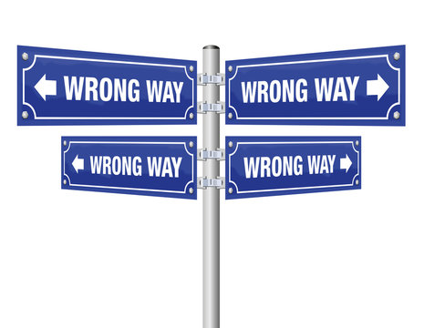 Wrong way guidepost showing in four different directions that lead always to an incorrect destination - symbolic for misconduct, pessimism, wrongdoing, misstep and other false choices or decisions.