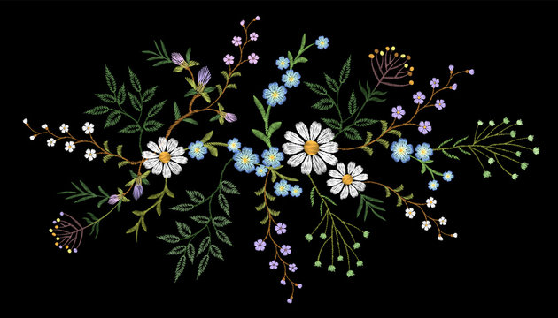 Embroidery trend floral pattern small branches herb daisy with little blue violet flower. Ornate traditional folk fashion patch design neckline blossom on black background vector illustration