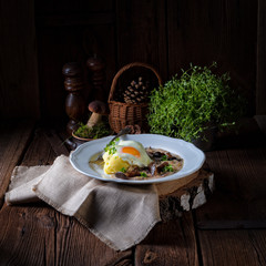 Forest mushroom sauce with fresh mushrooms, potato and poached egg