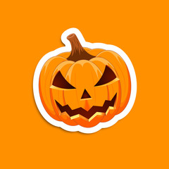 Pumpkin sticker on an orange background. The main symbol of the Happy Halloween holiday. Orange pumpkin with smile for your design for the holiday Halloween. Vector illustration.