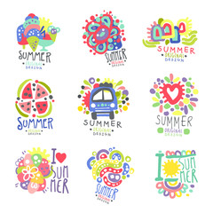 Summer set original design. Summer travel, sea, beach, holiday, adventure colorful hand drawn vector Illustrations