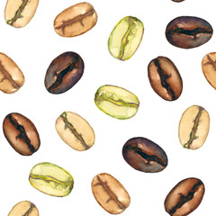  Different coffee beans level roasts from light to dark, seamless pattern design, hand painted watercolor illustration, white background