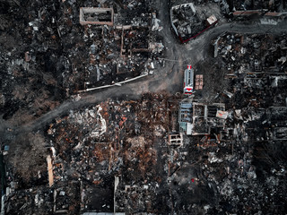 Old home after fire and burned everything in the area. top view and Take from drone