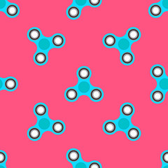 Seamless pattern with blue spinners on pink background. Fidget spinner concept. Vector illustration