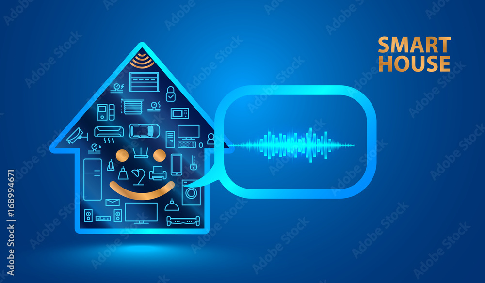 Poster Voice assistant helps you to manage smart home system. Smart house said in a human voice. Control the Internet of things using voice commands. Vector