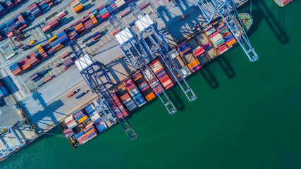 Aerial view of a Cargo vessel operations on harbor, shot from drone,Thailand.
