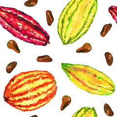 Cacao tree (theobroma) ripe beans varieties: trinitario, criollo, forasterro and nacional, seamless pattern design, hand painted watercolor illustration, white background