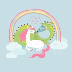 Cute cartoon dragon with unicorn
