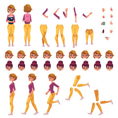 Girl, college or university student creation set with choice of poses, gestures, emotions, cartoon vector illustration on white background. Student girl creation set, changeable face, legs, arms