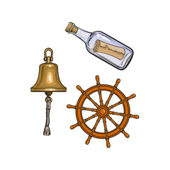 Set of nautical objects - ship bell, steering wheel and message in glass bottle, cartoon vector illustration isolated on white background. Cartoon set of ship bell, steering wheel and message bottle