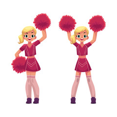 vector cartoon smiling cheerleader blond girls character dancing with pom-poms raising hands up set. Isolated illustration ona white background.