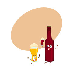 Funny beer bottle and glass characters having fun, drinking, holding glasses, cartoon vector illustration with space for text. Funny beer bottle and glass characters with smiling human faces