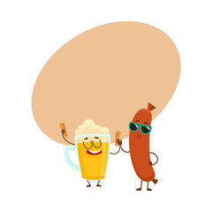 Funny beer glass and frankfurter sausage characters having fun together, cartoon vector illustration with space for text. Funny smiling beer glass character and sausage poiting to it