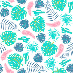 Fototapeta na wymiar Tropical plants seamless pattern with leaves and cactuses. Vector illustration