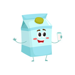 Funny milk box character with a shy smile, cartoon style vector illustration isolated on white background. Cute milk cardboard character with eyes, legs, and a wide smile