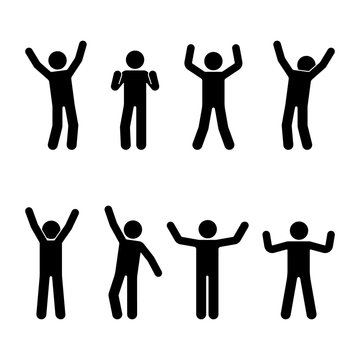 Stick figure happiness, freedom, motion set. Vector illustration of celebration poses pictogram