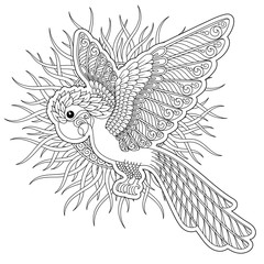 Naklejka premium Vector fantasy stylized cockatoo jungle parrot silhouette.