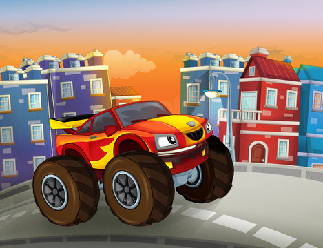 cartoon fast off road car looking like monster truck driving through the city - illustration for children
