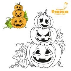 Three lantern from pumpkins with the cut out of a grin stand one on another color and outlined for coloring page