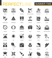 Black classic summer time, vacation activity icons set