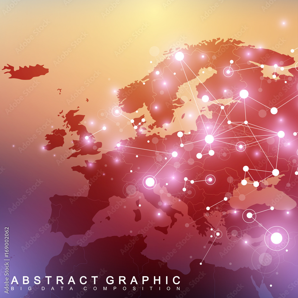 Aufkleber Geometric graphic background communication with Europe Map. Big data complex with compounds. Perspective backdrop. Minimal array. Digital data visualization. Scientific cybernetic vector illustration.
