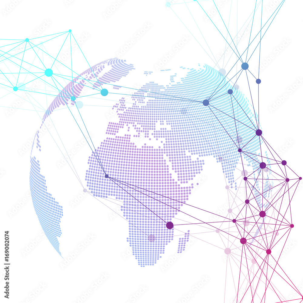 Poster Dotted world globe. Scientific geometric background with connecting lines and dots. Global network connection. Big data background. Vector illustration.