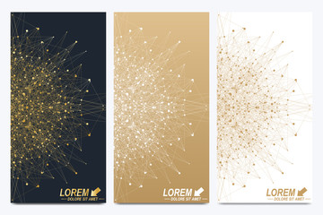 Modern golden set of vector flyer, banners. Modern stylish polygonal pattern with connected line and dots. Molecule and communication background for medicine, science, technology, chemistry.