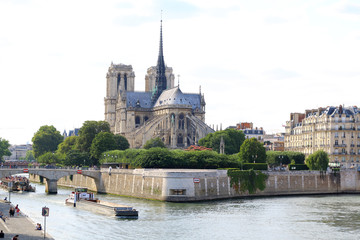 Fototapeta na wymiar Paris, July 2017: Notre dame de paris river bay panorama.