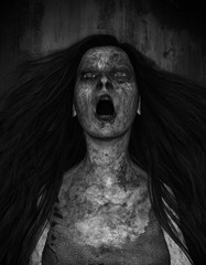 3d illustration of scary ghost woman moaning in the dark,Horror background,mixed media  - obrazy, fototapety, plakaty