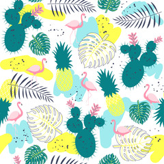 Obraz premium Tropical plants seamless pattern with flamingos. Vector illustration