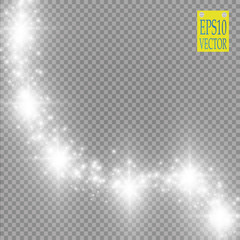 Lights on transparent background. Vector white glitter wave abstract illustration. White star dust trail sparkling particles isolated.
