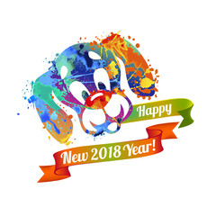 Happy NEW 2018 Year card. Dog of splash paint
