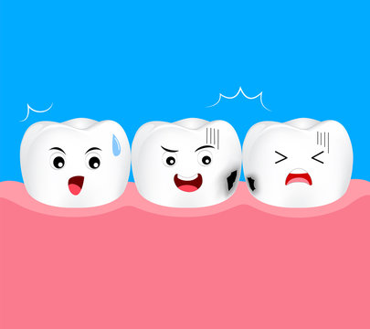 Tooth character with dentin decay. Dental care concept. Illustration isolated on blue background.