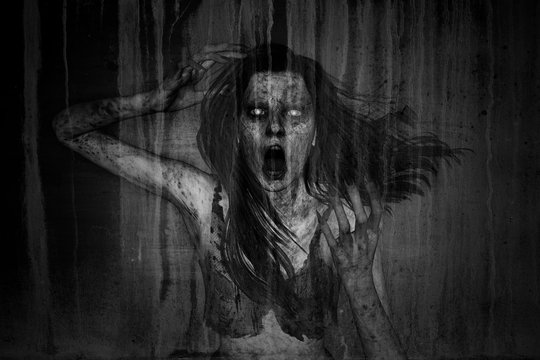 3d illustration of scary ghost woman moaning in the dark,Horror background,mixed media 