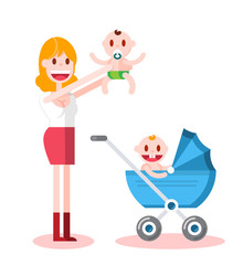 Young Couple with Their Sons and Baby Carriage. Isolated Flat Vector Illustration on White Background